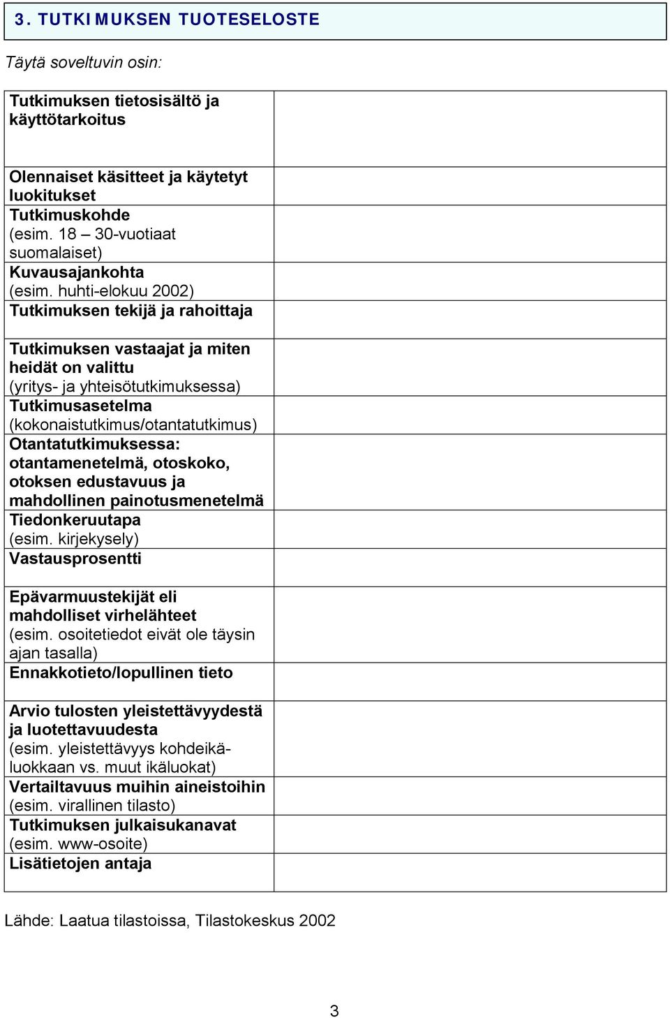 huhti-elokuu 2002) Tutkimuksen tekijä ja rahoittaja Tutkimuksen vastaajat ja miten heidät on valittu (yritys- ja yhteisötutkimuksessa) Tutkimusasetelma (kokonaistutkimus/otantatutkimus)