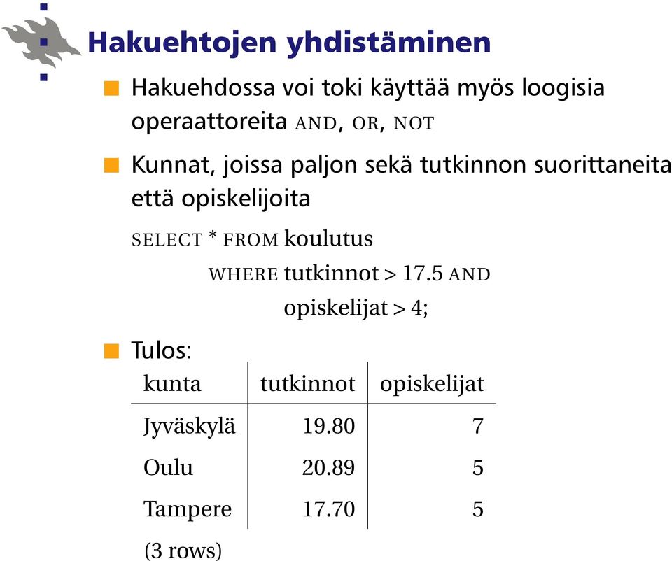 että opiskelijoita SELECT * FROM koulutus Tulos: WHERE tutkinnot > 17.