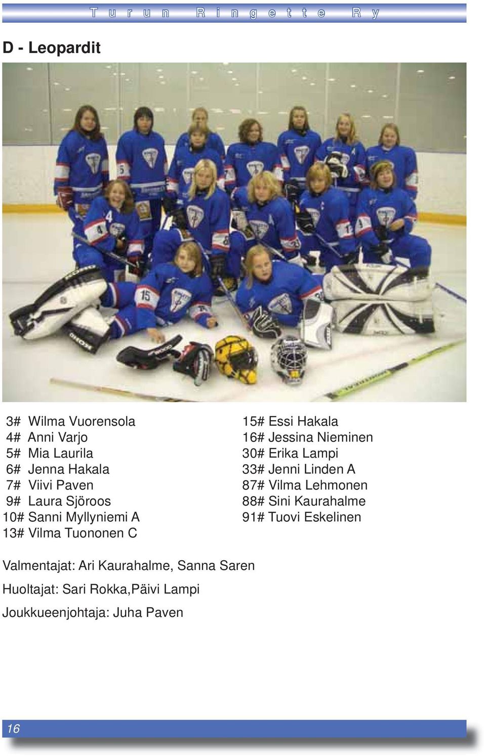 Jessina Nieminen 30# Erika Lampi 33# Jenni Linden A 87# Vilma Lehmonen 88# Sini Kaurahalme 91# Tuovi