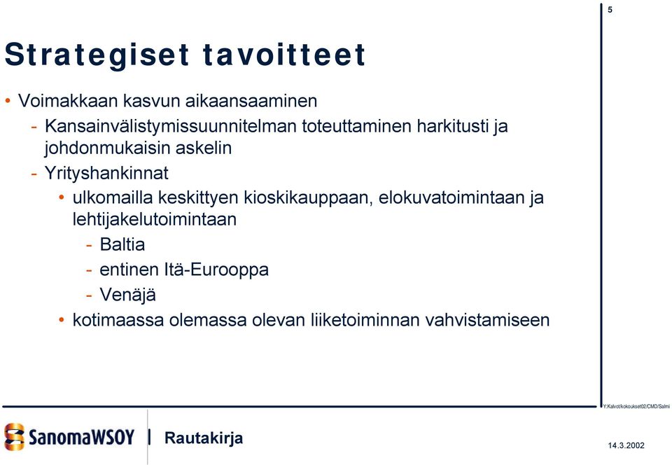 Yrityshankinnat ulkomailla keskittyen kioskikauppaan, elokuvatoimintaan ja