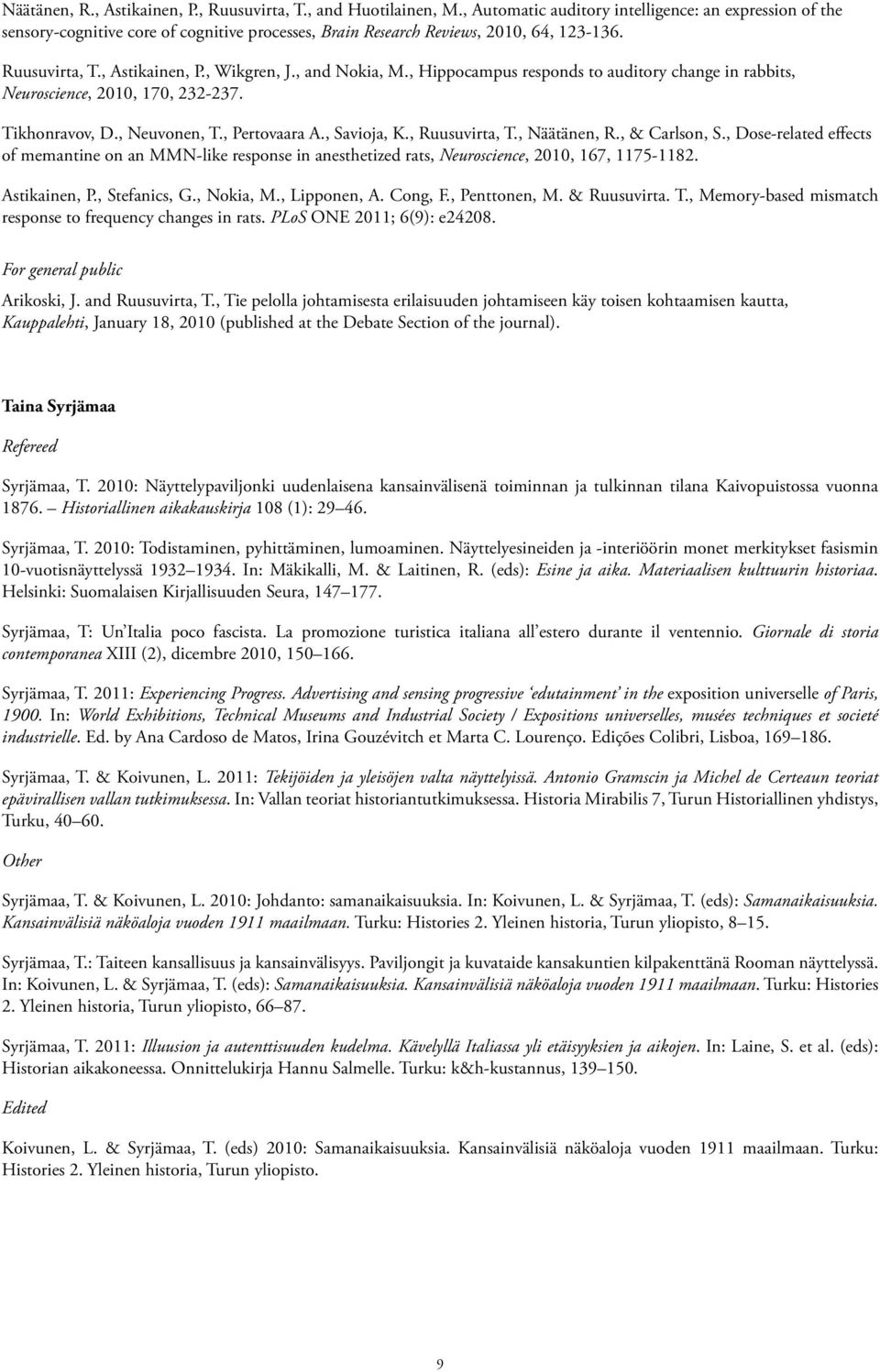 , and Nokia, M., Hippocampus responds to auditory change in rabbits, Neuroscience, 2010, 170, 232-237. Tikhonravov, D., Neuvonen, T., Pertovaara A., Savioja, K., Ruusuvirta, T., Näätänen, R.