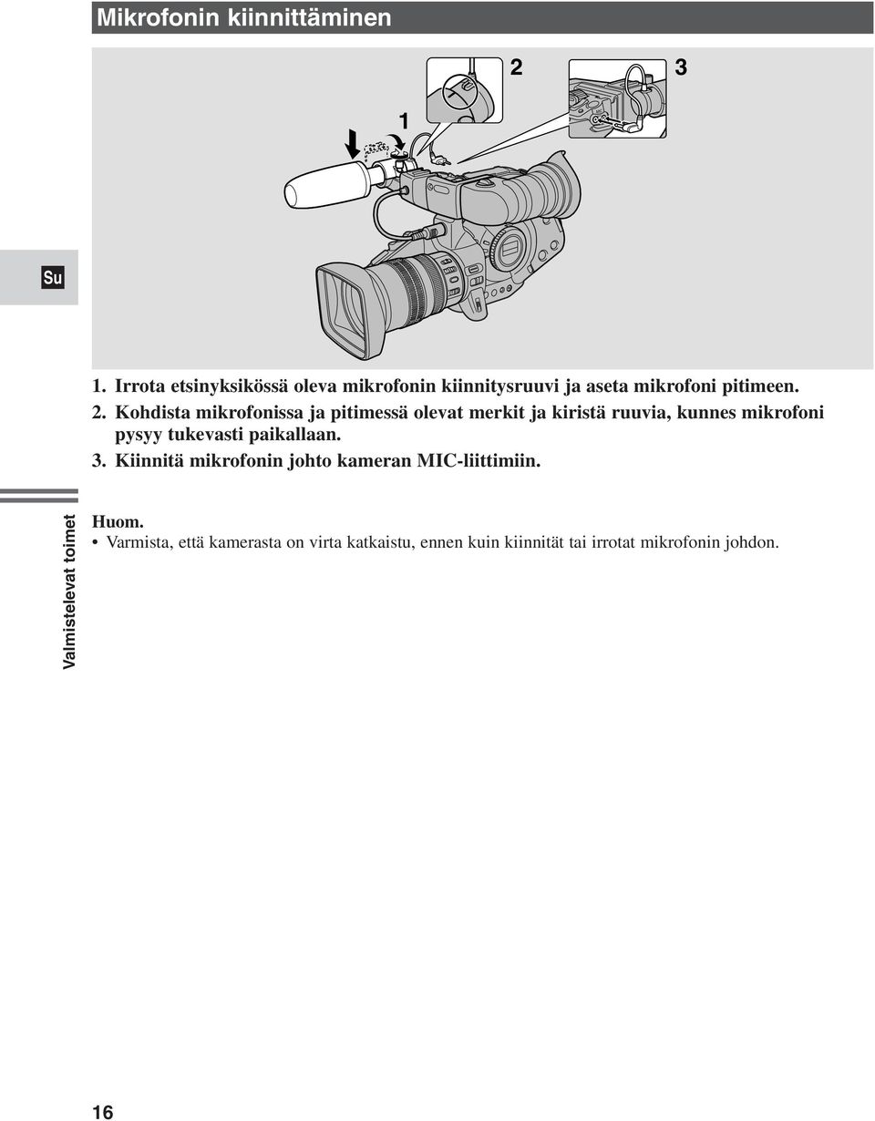 Kohdista mikrofonissa ja pitimessä olevat merkit ja kiristä ruuvia, kunnes mikrofoni pysyy tukevasti