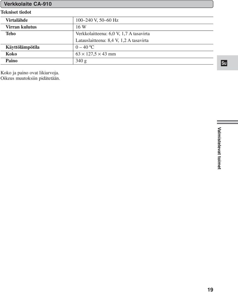 8,4 V, 1,2 A tasavirta Käyttölämpötila 0 40 ºC Koko 63 127,5 43 mm Paino 340