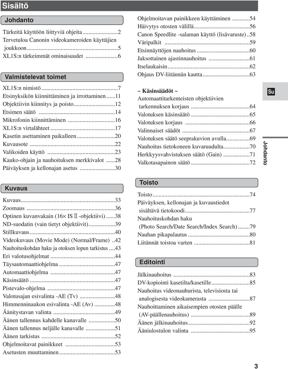 ..20 Kuvausote...22 Valikoiden käyttö...23 Kauko-ohjain ja nauhoituksen merkkivalot...28 Päiväyksen ja kellonajan asetus...30 Kuvaus Kuvaus...33 Zoomaus...36 Optinen kuvanvakain (16 IS2-objektiivi).