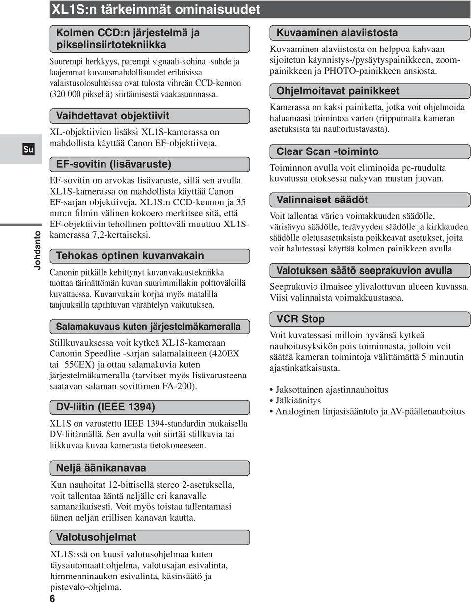 Vaihdettavat objektiivit XL-objektiivien lisäksi XL1S-kamerassa on mahdollista käyttää Canon EF-objektiiveja.