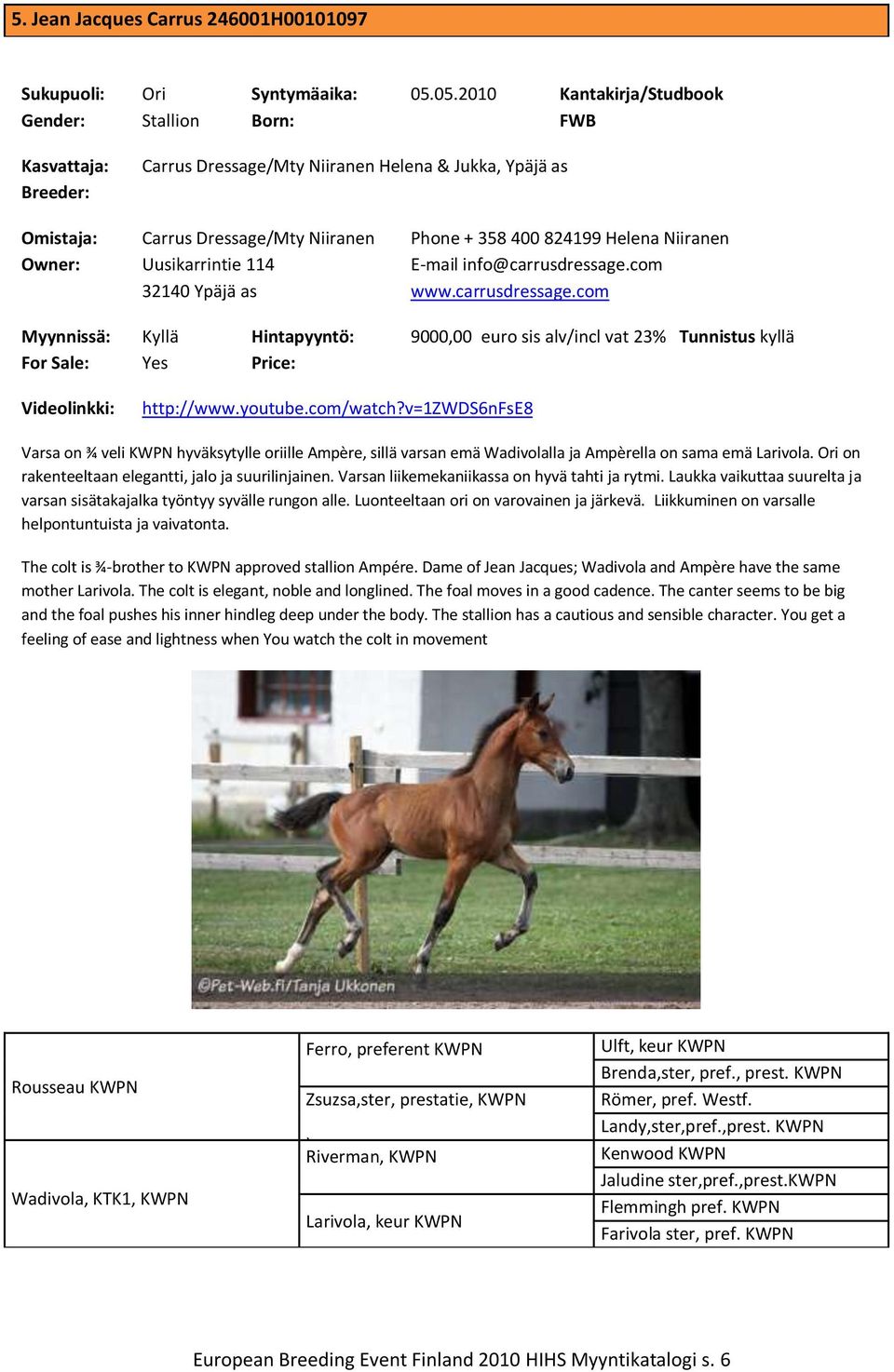 info@carrusdressage.com www.carrusdressage.com 9000,00 euro sis alv/incl vat 23% Tunnistus kyllä Videolinkki: http://www.youtube.com/watch?