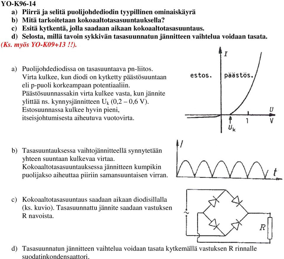 Virta kulkee, ku diodi o kytketty päästösuutaa eli p-puoli korkeampaa potetiaalii. Päästösuuassaki virta kulkee vasta, ku jäite ylittää s. kyysjäittee k (0, 0,6 V).