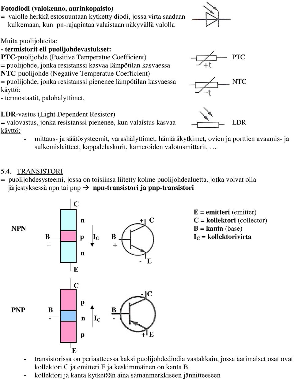 resistassi pieeee lämpötila kasvaessa NTC käyttö: - termostaatit, palohälyttimet, LD-vastus (Light Depedet esistor) = valovastus, joka resistassi pieeee, ku valaistus kasvaa LD käyttö: - mittaus- ja