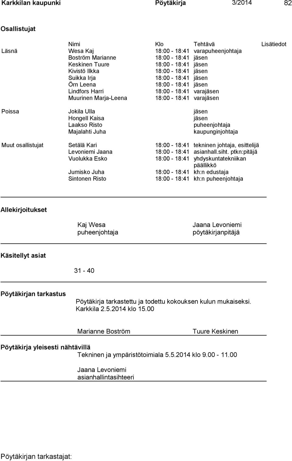 Hongell Kaisa jäsen Laakso Risto puheenjohtaja Majalahti Juha kaupunginjohtaja Muut osallistujat Setälä Kari 18:00-18:41 tekninen johtaja, esittelijä Levoniemi Jaana 18:00-18:41 asianhall.siht.