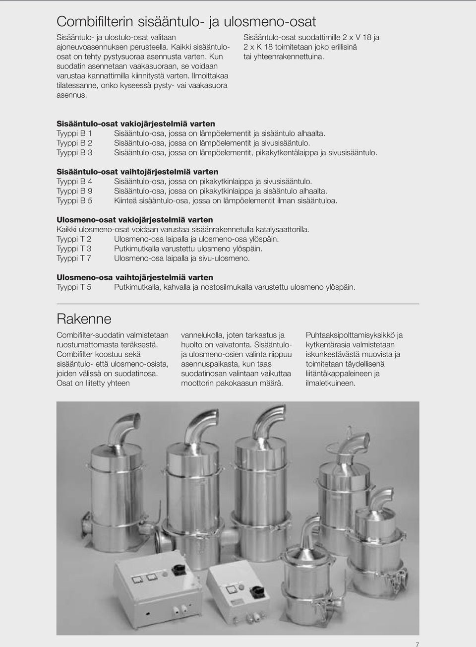 Sisääntulo-osat suodattimille 2 x V 18 ja 2 x K 18 toimitetaan joko erillisinä tai yhteenrakennettuina.