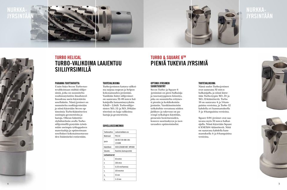 Nämä jyrsimet on suunniteltu nurkkajyrsintään ja niissä käytetään Secon optimoimia Turbo-kääntöterien uusimpia geometrioita ja laatuja.