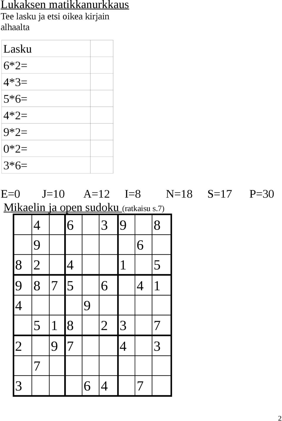 I=8 N=18 S=17 P=30 Mikaelin ja open sudoku (ratkaisu s.