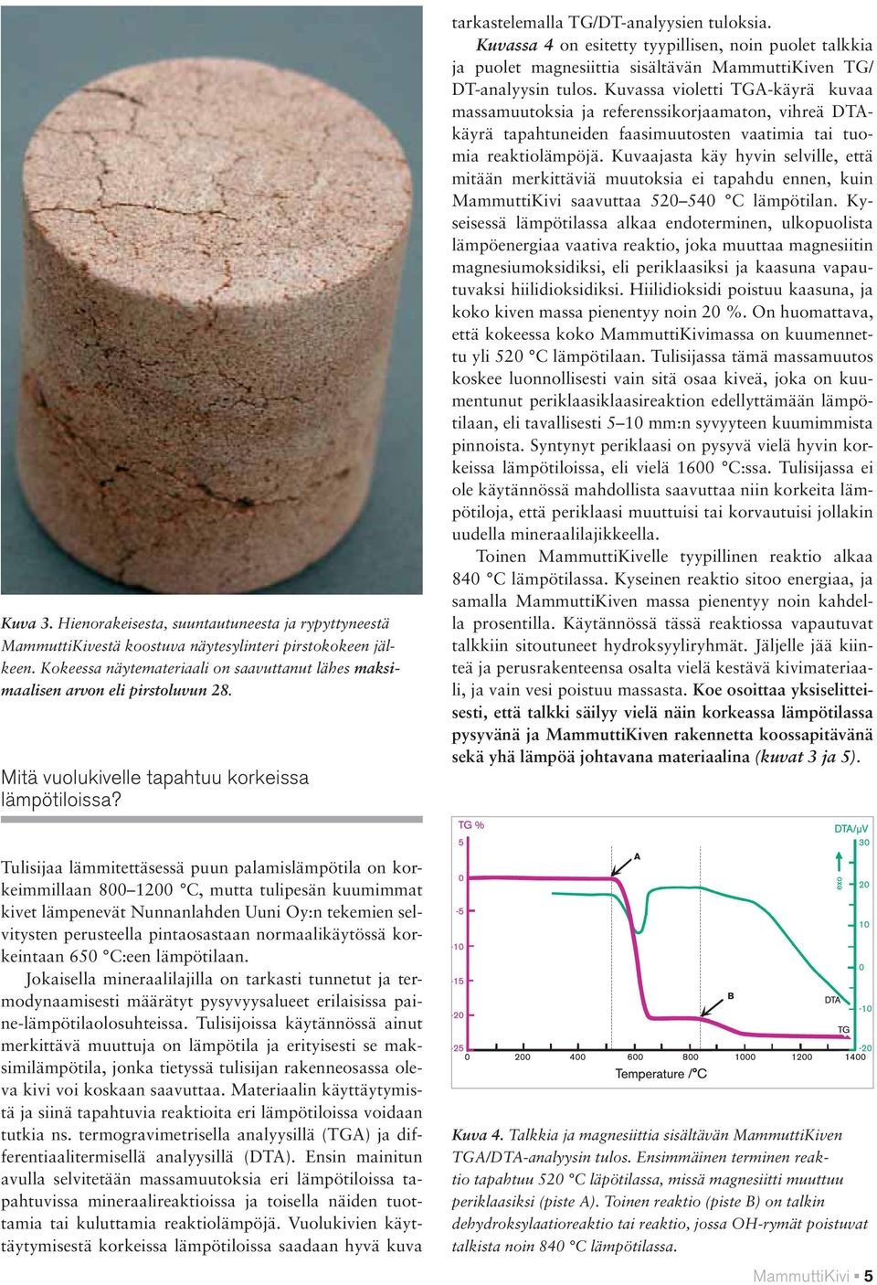 Kuvassa 4 on esitetty tyypillisen, noin puolet talkkia ja puolet magnesiittia sisältävän MammuttiKiven TG/ DT-analyysin tulos.