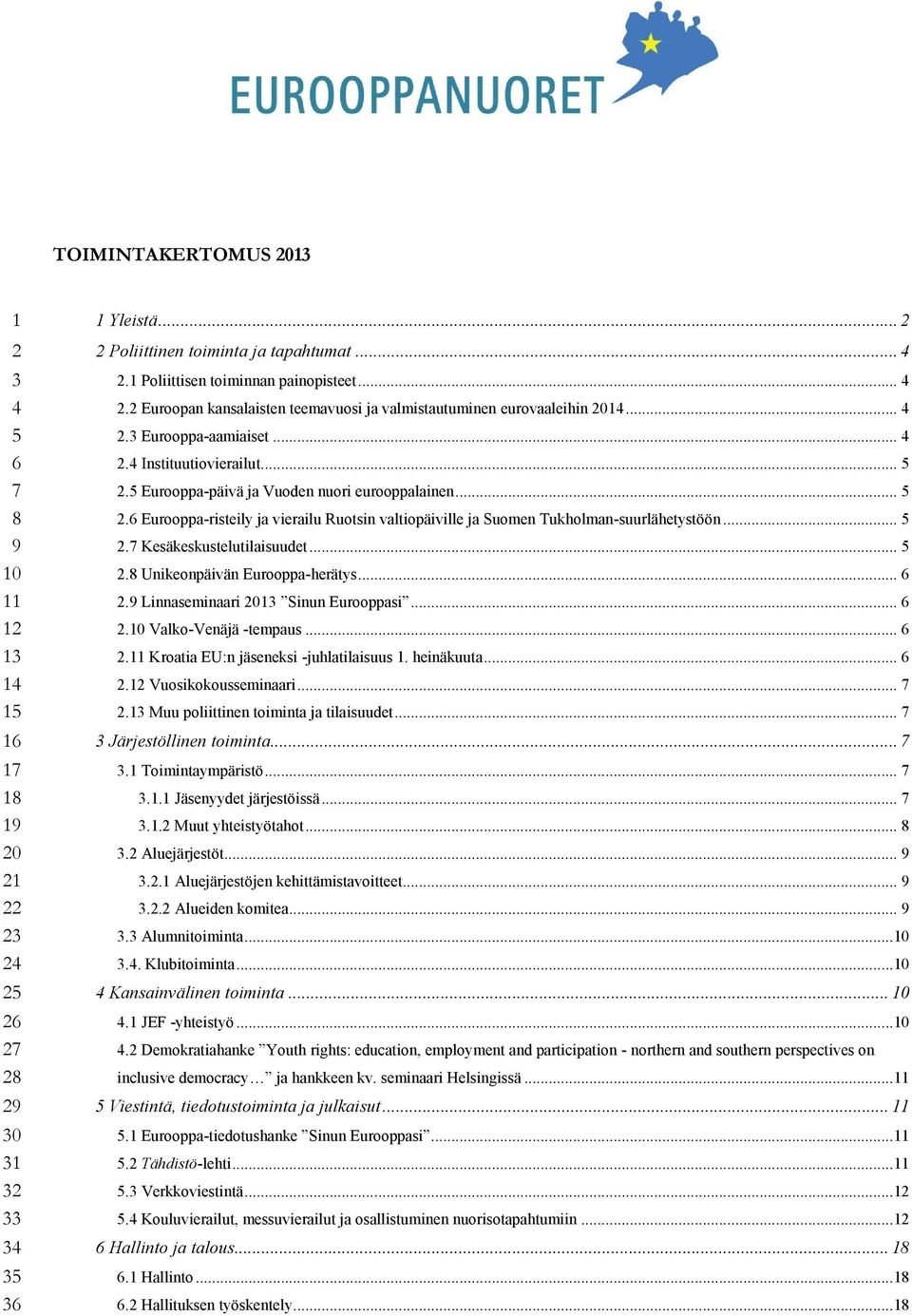 5 Eurooppa-päivä ja Vuoden nuori eurooppalainen... 5 2.6 Eurooppa-risteily ja vierailu Ruotsin valtiopäiville ja Suomen Tukholman-suurlähetystöön... 5 2.7 Kesäkeskustelutilaisuudet... 5 2.8 Unikeonpäivän Eurooppa-herätys.