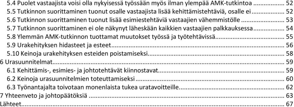 9 Urakehityksen hidasteet ja esteet... 56 5.10 Keinoja urakehityksen esteiden poistamiseksi... 58 6 Urasuunnitelmat... 59 6.1 Kehittämis-, esimies- ja johtotehtävät kiinnostavat... 59 6.2 Keinoja urasuunnitelmien toteuttamiseksi.