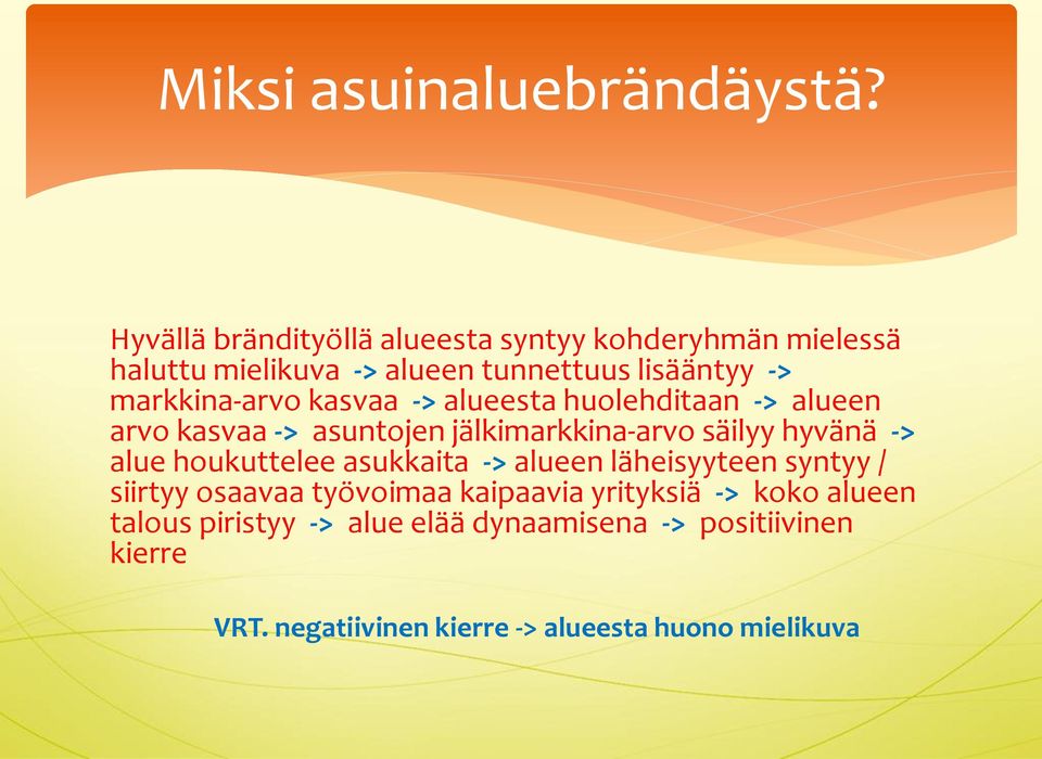 markkina-arvo kasvaa -> alueesta huolehditaan -> alueen arvo kasvaa -> asuntojen jälkimarkkina-arvo säilyy hyvänä -> alue