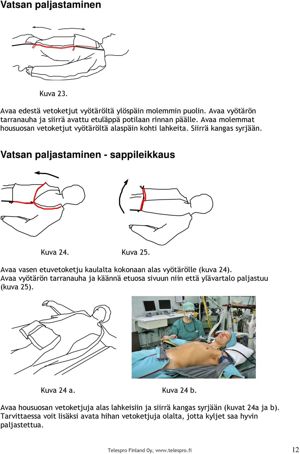 Avaa vasen etuvetoketju kaulalta kokonaan alas vyötärölle (kuva 24). Avaa vyötärön tarranauha ja käännä etuosa sivuun niin että ylävartalo paljastuu (kuva 25). Kuva 24 a.