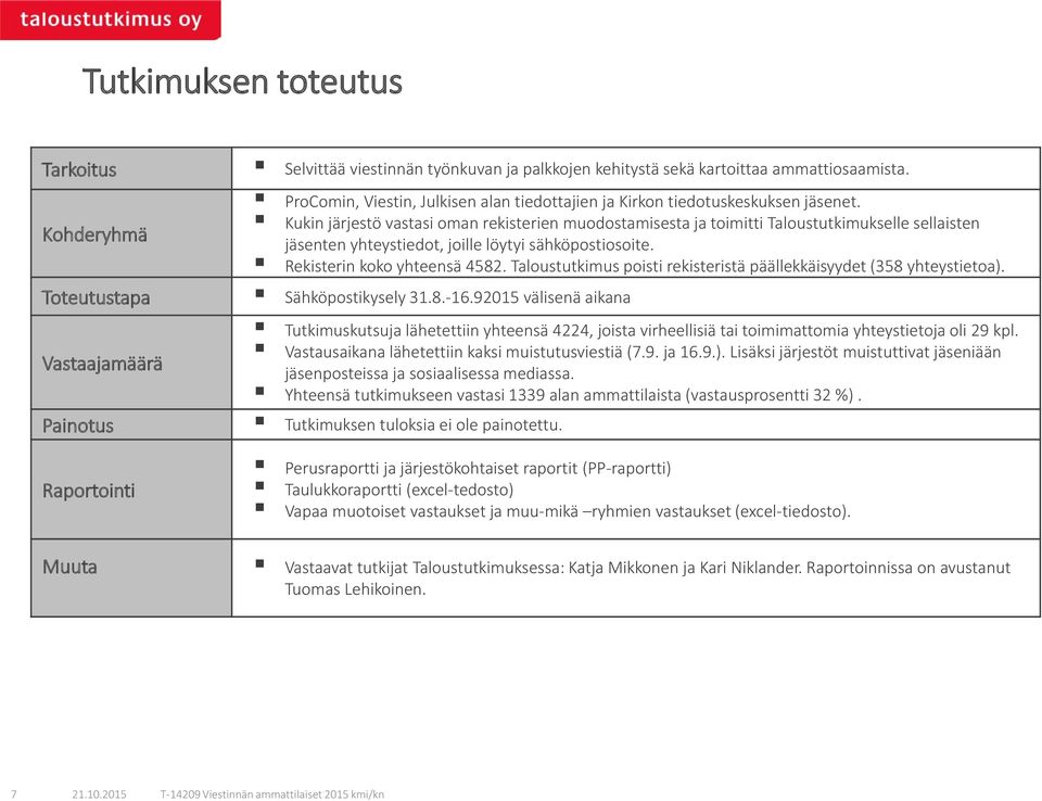 Kukin järjestö vastasi oman rekisterien muodostamisesta ja toimitti Taloustutkimukselle sellaisten jäsenten yhteystiedot, joille löytyi sähköpostiosoite. Rekisterin koko yhteensä 482.