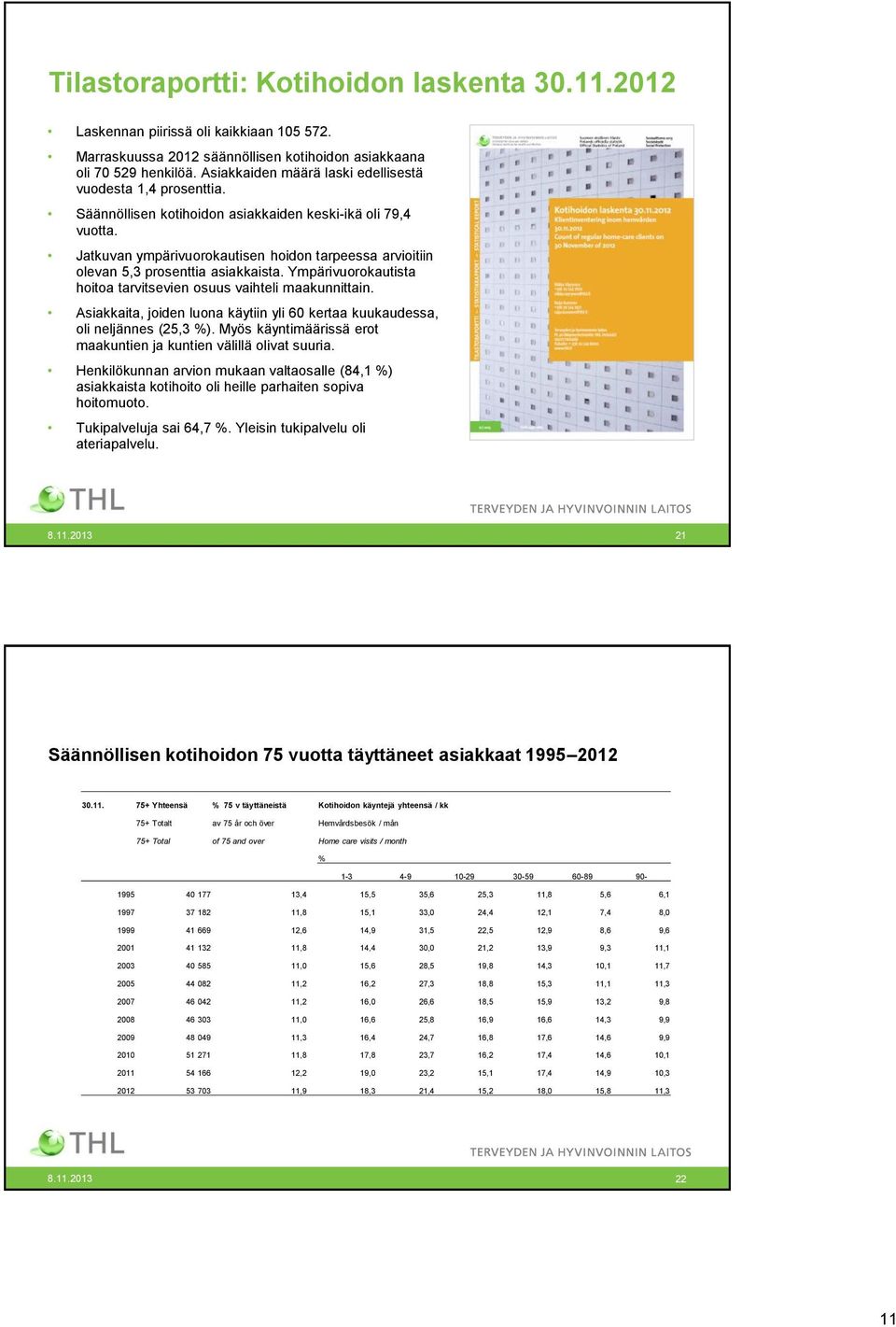 Jatkuvan ympärivuorokautisen hoidon tarpeessa arvioitiin olevan 5,3 prosenttia asiakkaista. Ympärivuorokautista hoitoa tarvitsevien osuus vaihteli maakunnittain.