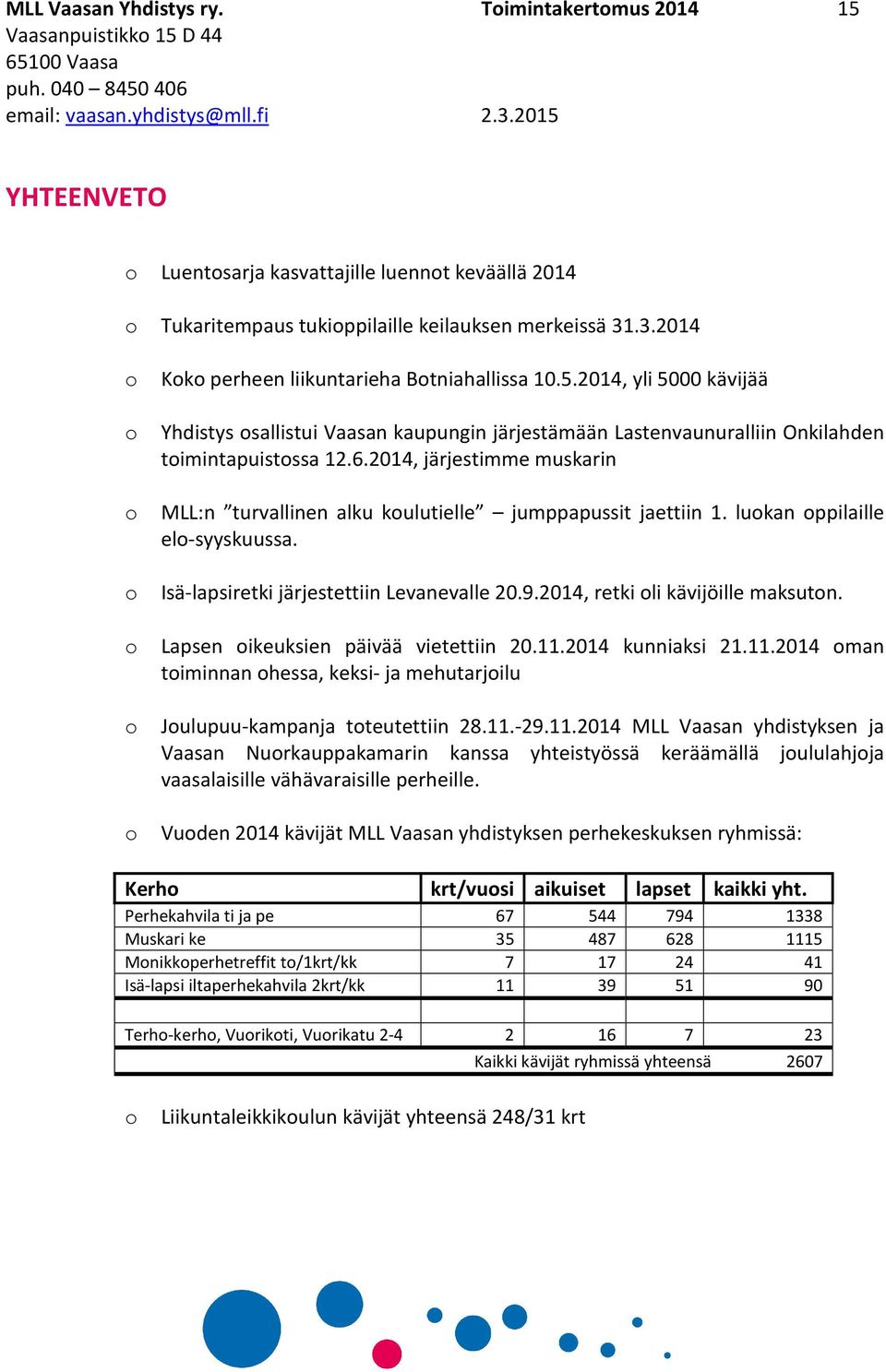 2014, järjestimme muskarin o MLL:n turvallinen alku koulutielle jumppapussit jaettiin 1. luokan oppilaille elo-syyskuussa. o Isä-lapsiretki järjestettiin Levanevalle 20.9.