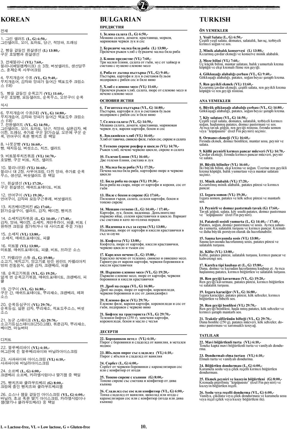 전원샐러드 (VL, G) 14:50,- 그린샐러드, 오이, 토마토, 당근, 적양파, 삶은감자, 베 이컨, 드레싱, 추가로 구운 닭가슴살, 오븐에 구운 순 록, 연어구이 혹은 빵치즈 중 택일 8. 나뭇꾼빵 (VL) 16:60,- 빵, 돼지등심, 버섯소스, 치즈, 샐러드 9. 비트블루치즈볶음 (VL) 14:70,- 호밀빵, 구운 비트, 치즈, 샐러드 10.