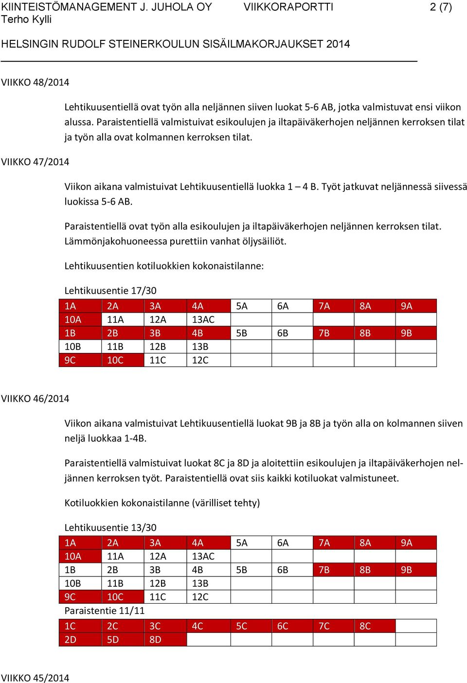 Työt jatkuvat neljännessä siivessä luokissa 5-6 AB. Paraistentiellä ovat työn alla esikoulujen ja iltapäiväkerhojen neljännen kerroksen tilat. Lämmönjakohuoneessa purettiin vanhat öljysäiliöt.