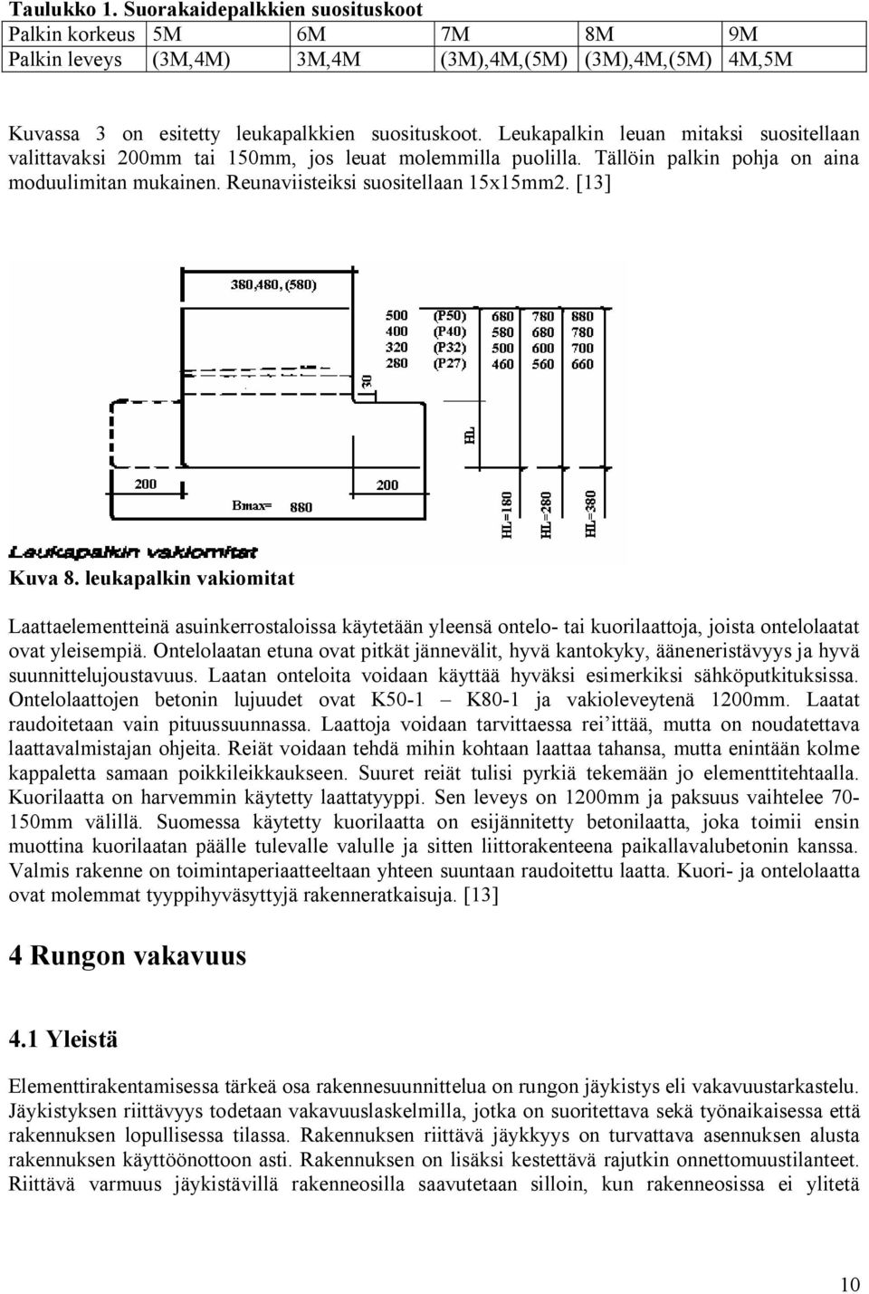 [13] Kuva 8. leukapalkin vakiomitat Laattaelementteinä asuinkerrostaloissa käytetään yleensä ontelo- tai kuorilaattoja, joista ontelolaatat ovat yleisempiä.