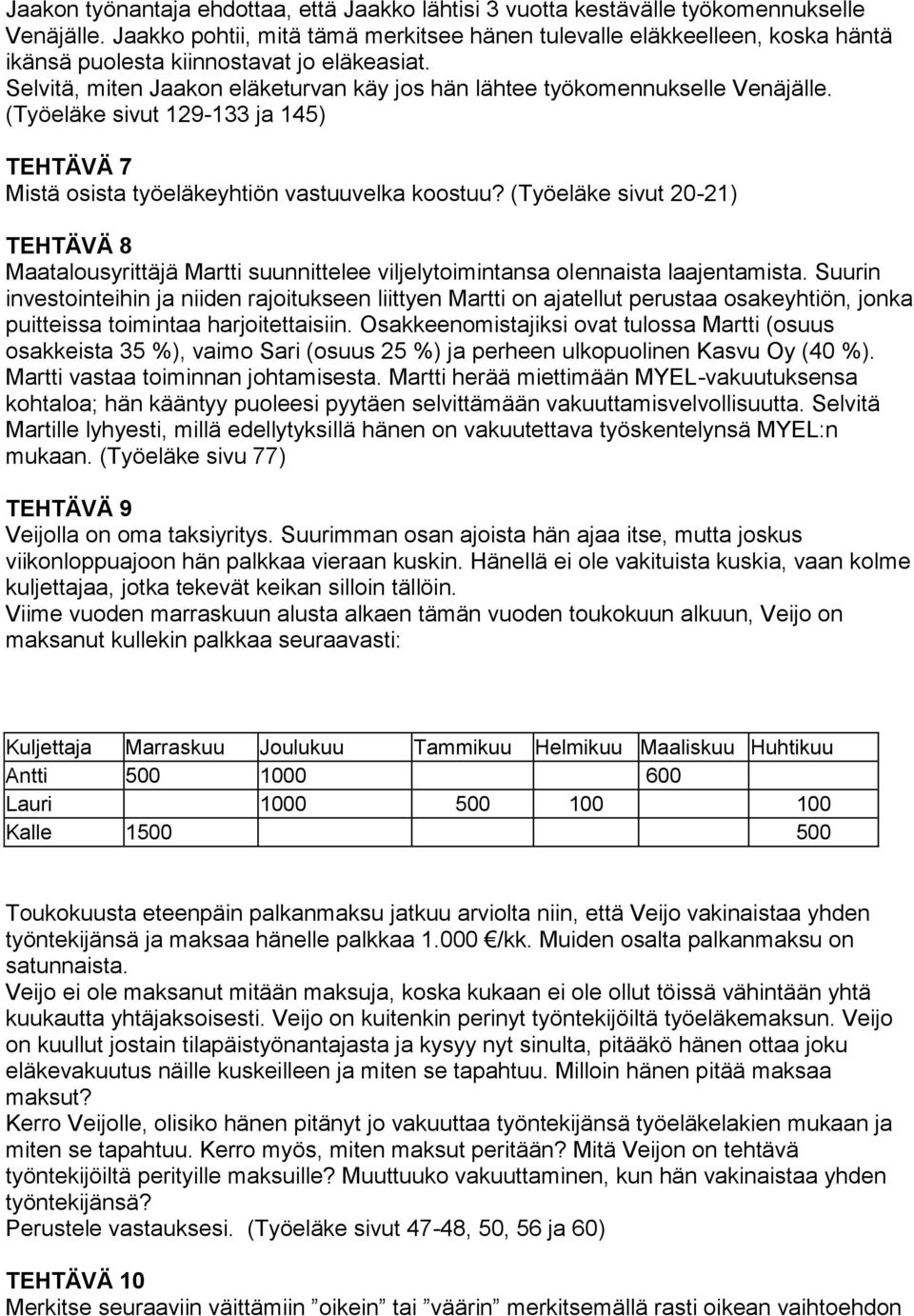 Selvitä, miten Jaakon eläketurvan käy jos hän lähtee työkomennukselle Venäjälle. (Työeläke sivut 129-133 ja 145) TEHTÄVÄ 7 Mistä osista työeläkeyhtiön vastuuvelka koostuu?