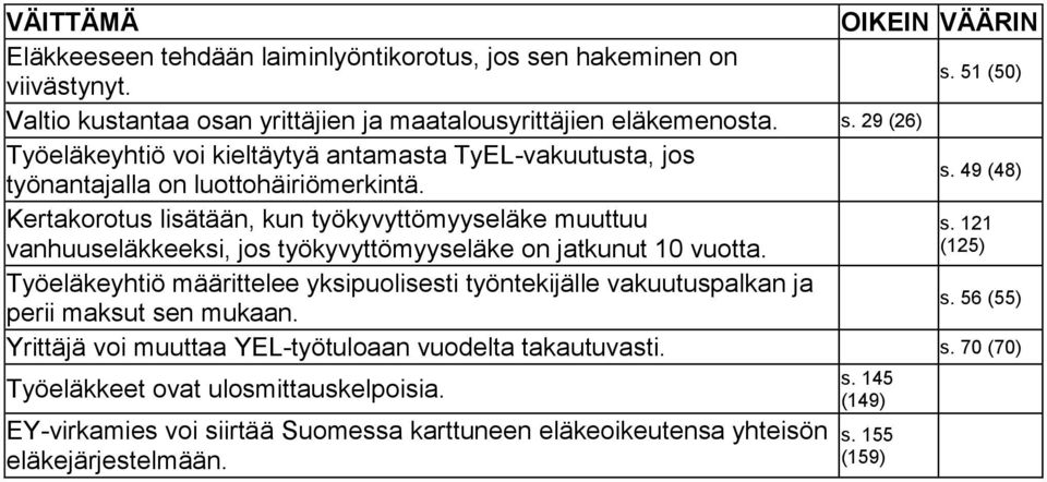 (125) Työeläkeyhtiö määrittelee yksipuolisesti työntekijälle vakuutuspalkan ja perii maksut sen mukaan. s. 56 (55) Yrittäjä voi muuttaa YEL-työtuloaan vuodelta takautuvasti. s. 70 (70) Työeläkkeet ovat ulosmittauskelpoisia.