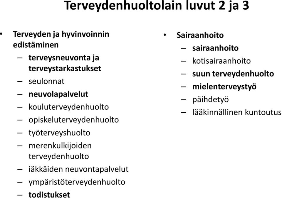 työterveyshuolto merenkulkijoiden terveydenhuolto iäkkäiden neuvontapalvelut ympäristöterveydenhuolto