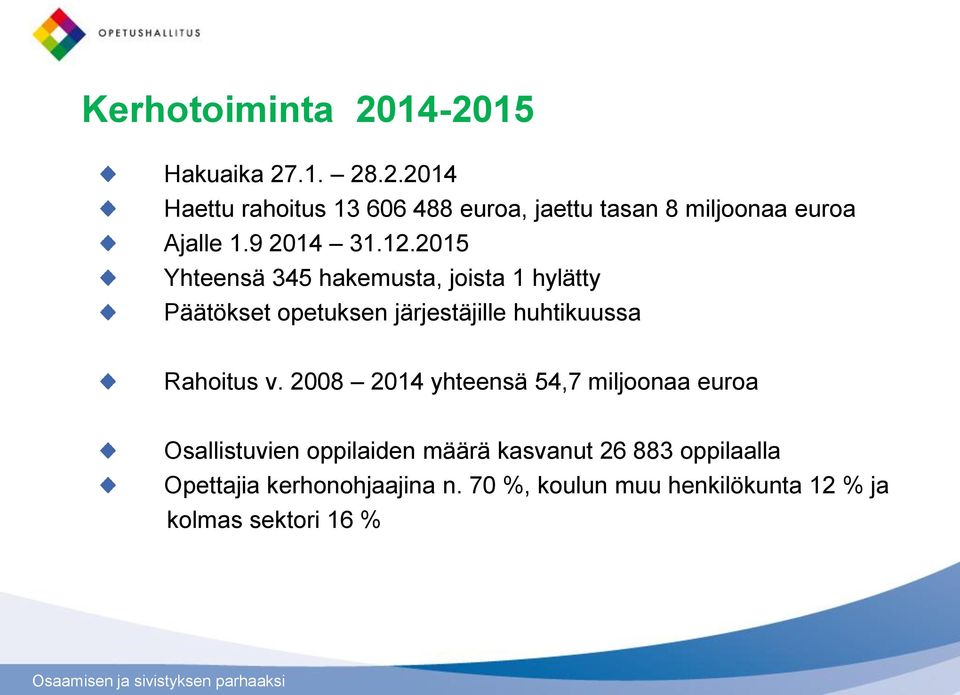 2015 Yhteensä 345 hakemusta, joista 1 hylätty Päätökset opetuksen järjestäjille huhtikuussa Rahoitus v.