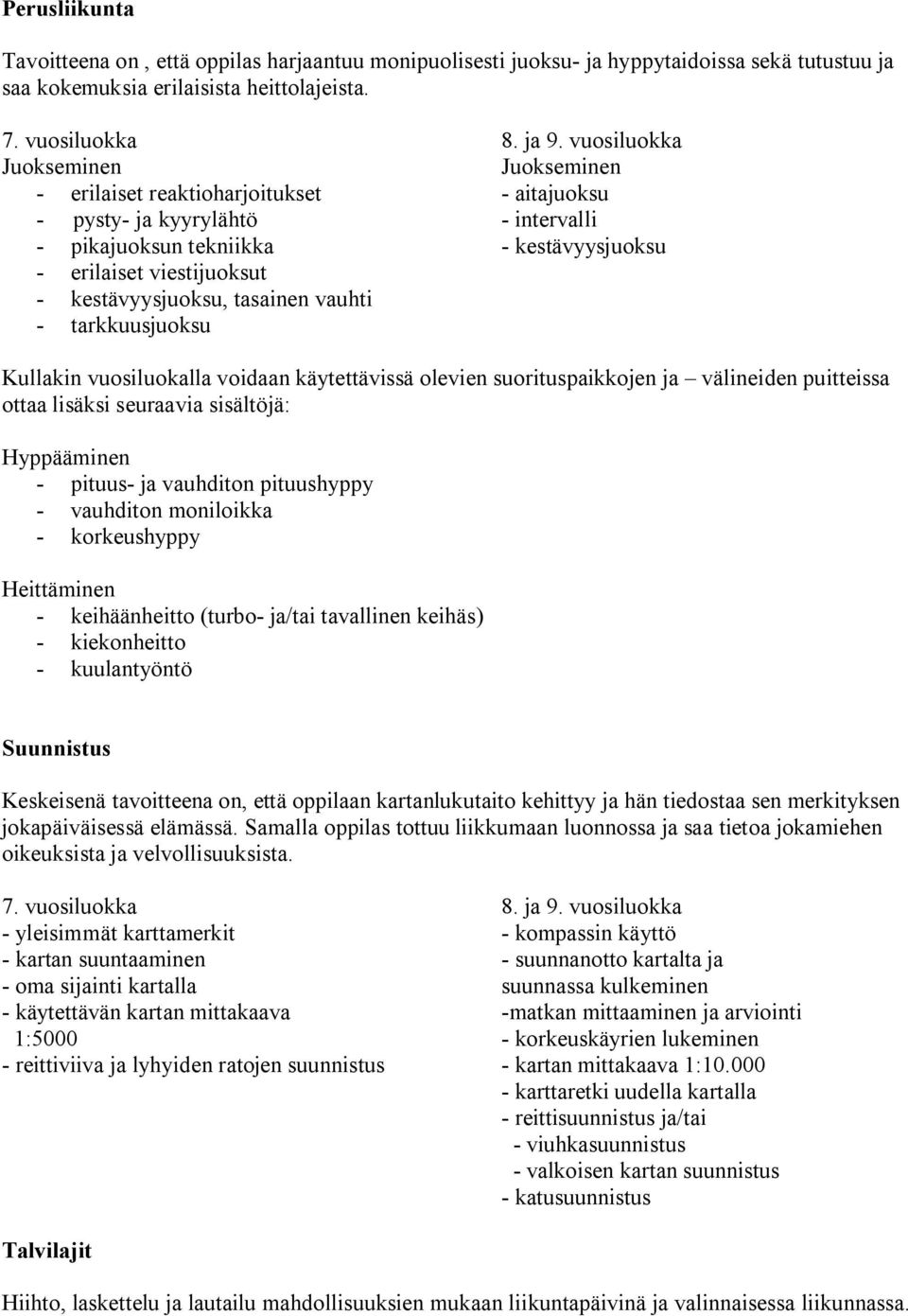 tarkkuusjuoksu Kullakin vuosiluokalla voidaan käytettävissä olevien suorituspaikkojen ja välineiden puitteissa ottaa lisäksi seuraavia sisältöjä: Hyppääminen pituus ja vauhditon pituushyppy vauhditon