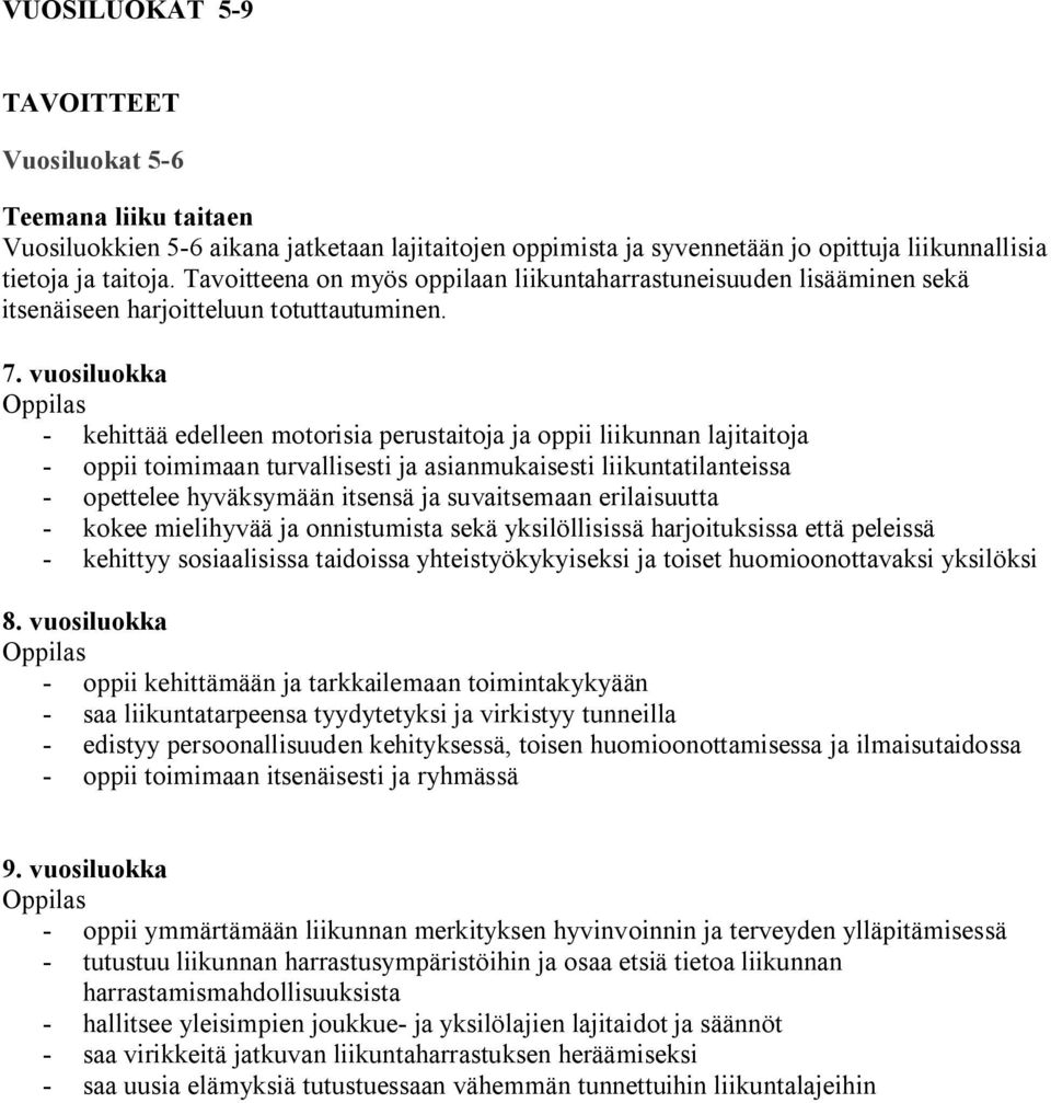 vuosiluokka Oppilas kehittää edelleen motorisia perustaitoja ja oppii liikunnan lajitaitoja oppii toimimaan turvallisesti ja asianmukaisesti liikuntatilanteissa opettelee hyväksymään itsensä ja