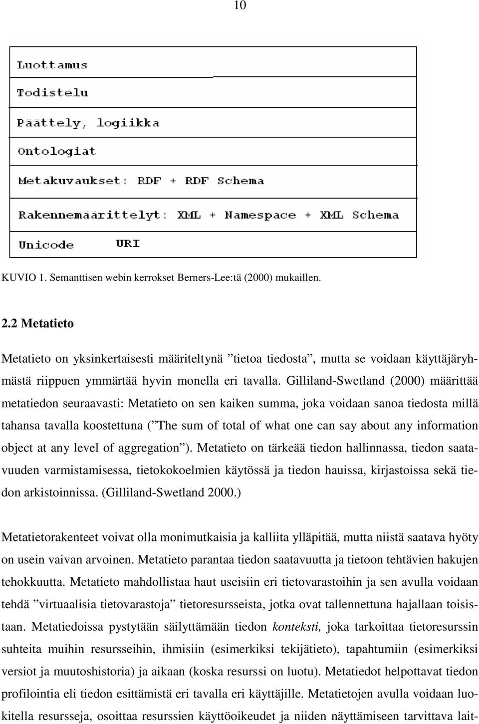 Gilliland-Swetland (2000) määrittää metatiedon seuraavasti: Metatieto on sen kaiken summa, joka voidaan sanoa tiedosta millä tahansa tavalla koostettuna ( The sum of total of what one can say about