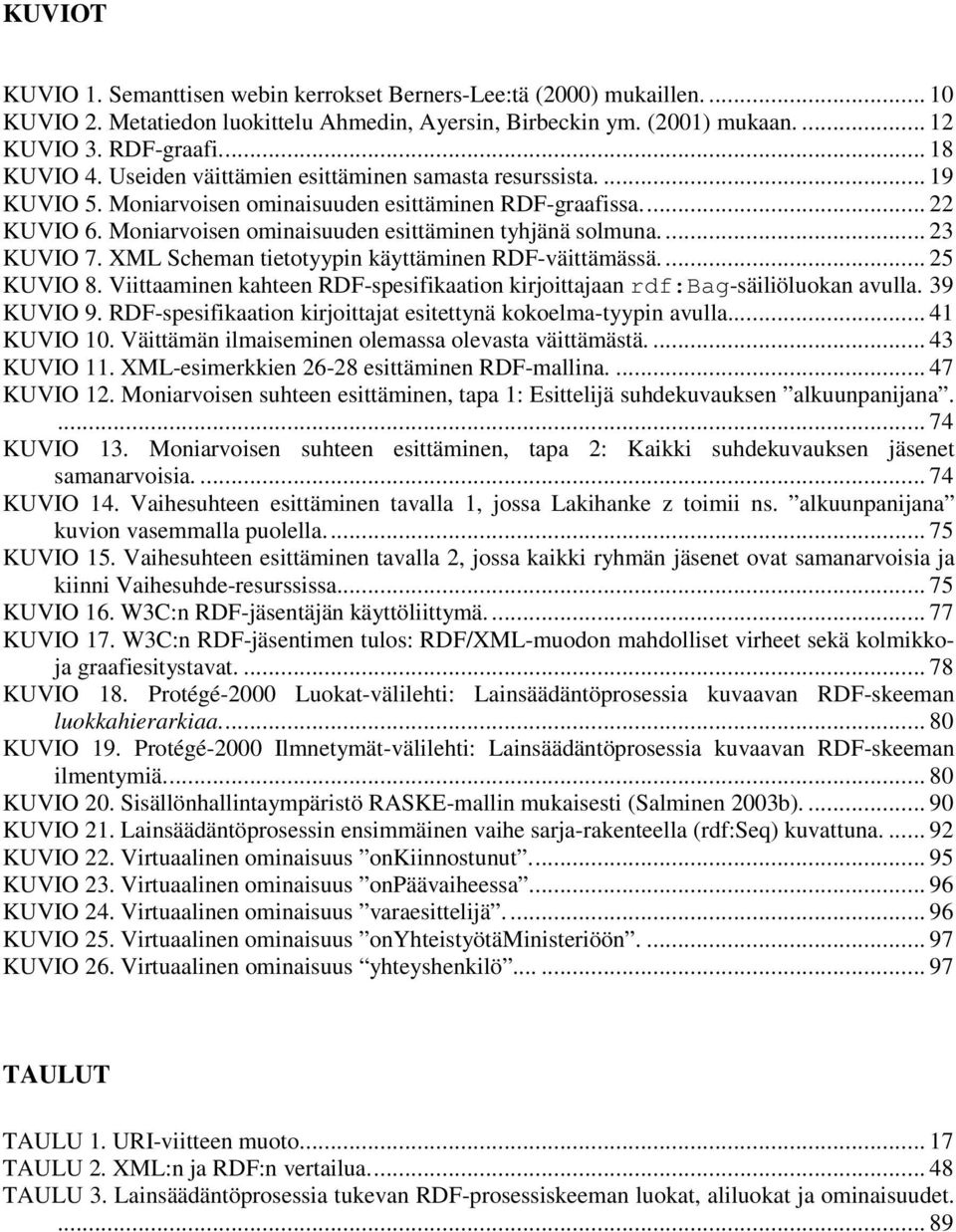 XML Scheman tietotyypin käyttäminen RDF-väittämässä.... 25 KUVIO 8. Viittaaminen kahteen RDF-spesifikaation kirjoittajaan rdf:bag-säiliöluokan avulla. 39 KUVIO 9.