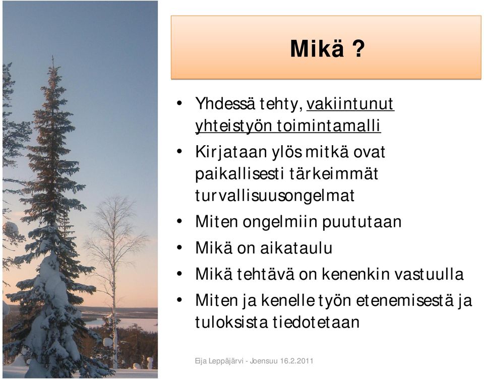 ongelmiin puututaan Mikä on aikataulu Mikä tehtävä on kenenkin