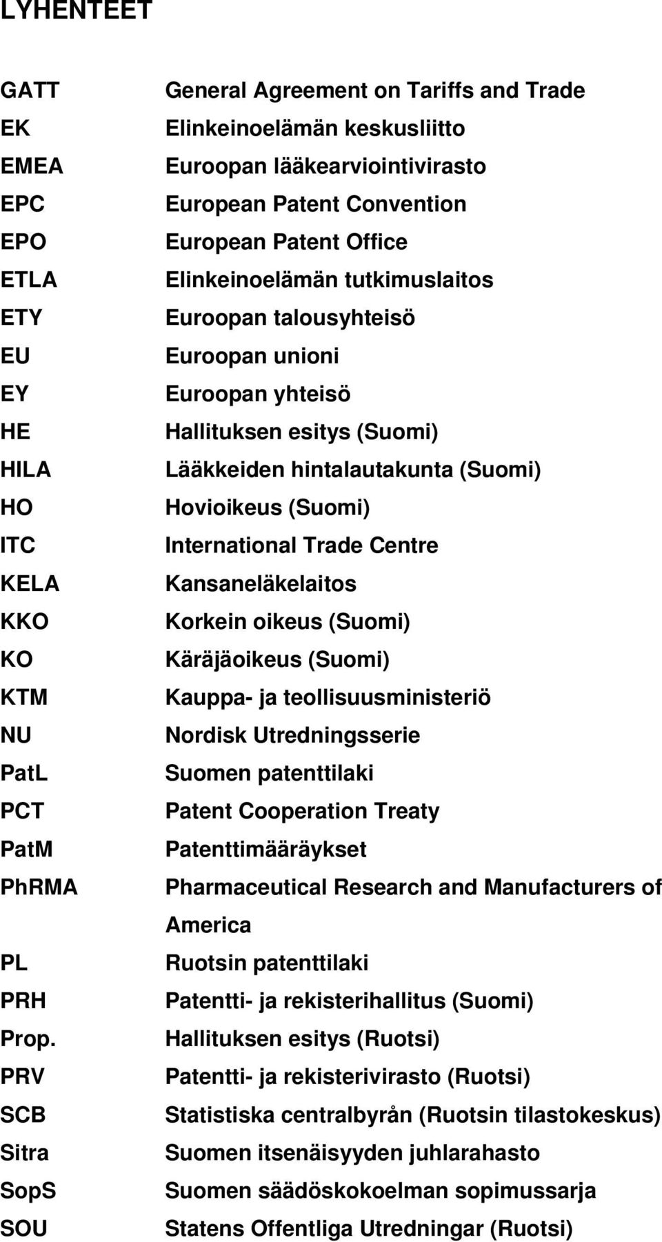 tutkimuslaitos Euroopan talousyhteisö Euroopan unioni Euroopan yhteisö Hallituksen esitys (Suomi) Lääkkeiden hintalautakunta (Suomi) Hovioikeus (Suomi) International Trade Centre Kansaneläkelaitos