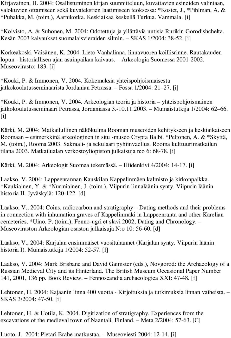 Kesän 2003 kaivaukset suomalaisvieraiden silmin. SKAS 1/2004: 38-52. [i] Korkeakoski-Väisänen, K. 2004. Lieto Vanhalinna, linnavuoren koillisrinne.