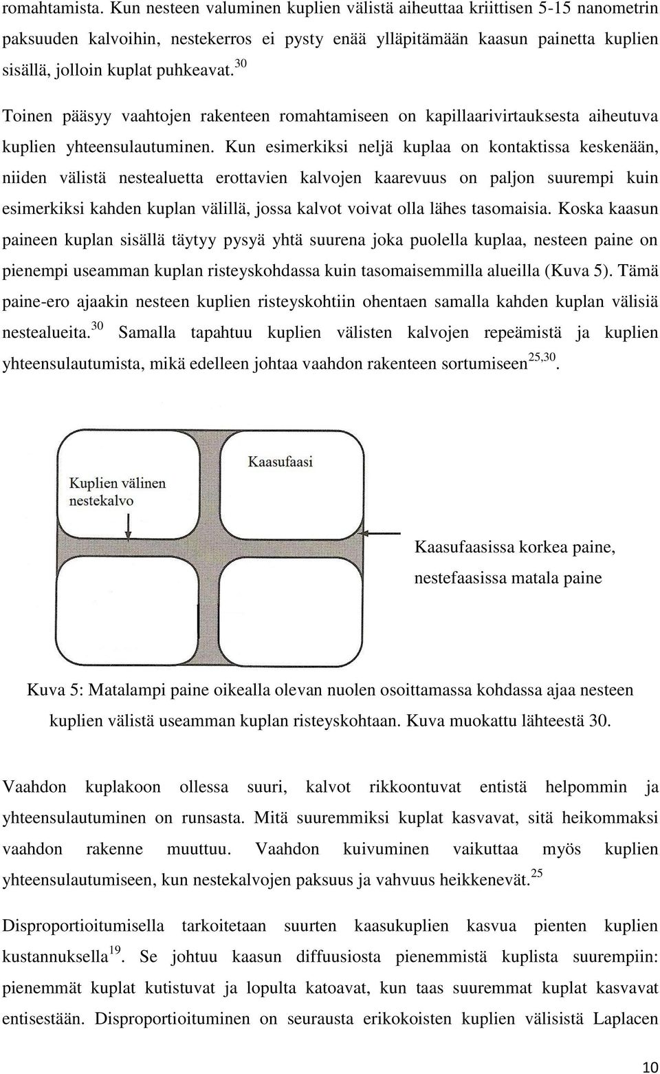 30 Toinen pääsyy vaahtojen rakenteen romahtamiseen on kapillaarivirtauksesta aiheutuva kuplien yhteensulautuminen.