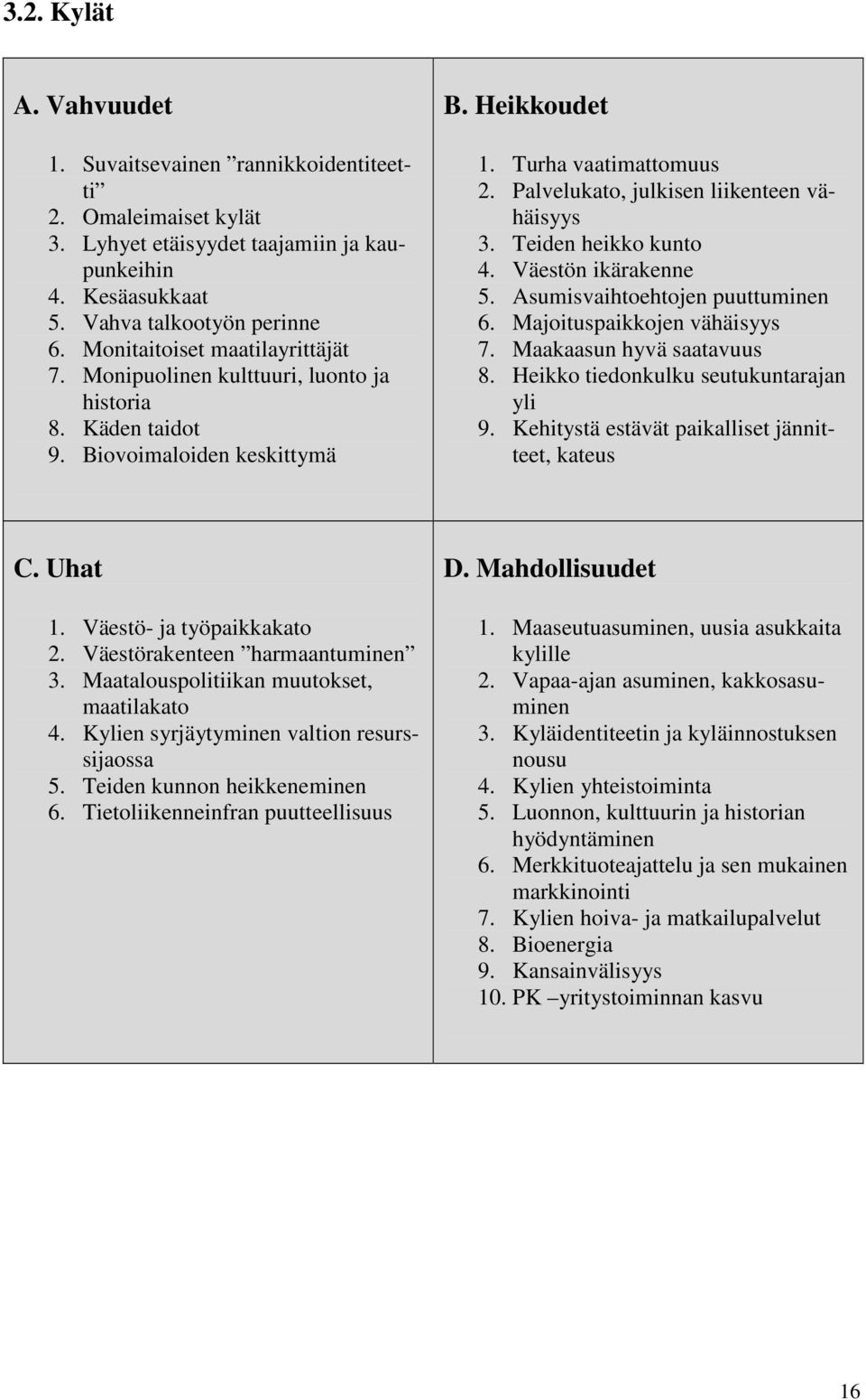 Palvelukato, julkisen liikenteen vähäisyys 3. Teiden heikko kunto 4. Väestön ikärakenne 5. Asumisvaihtoehtojen puuttuminen 6. Majoituspaikkojen vähäisyys 7. Maakaasun hyvä saatavuus 8.