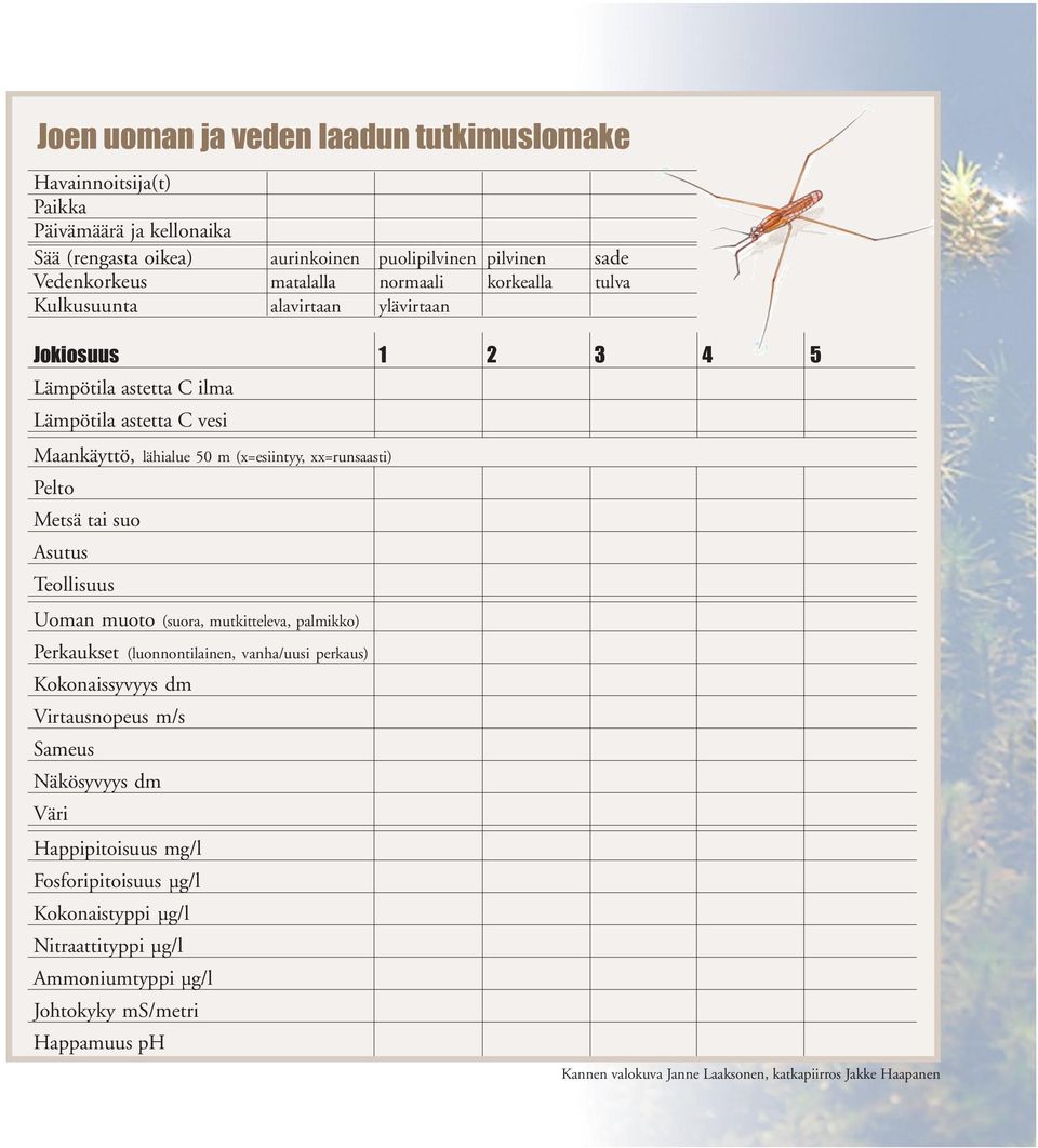 tai suo Asutus Teollisuus Uoman muoto (suora, mutkitteleva, palmikko) Perkaukset (luonnontilainen, vanha/uusi perkaus) Kokonaissyvyys dm Virtausnopeus m/s Sameus Näkösyvyys dm Väri