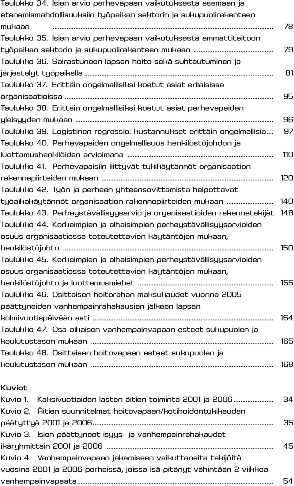 .. 81 Taulukko 37. Erittäin ongelmallisiksi koetut asiat erilaisissa organisaatioissa... 95 Taulukko 38. Erittäin ongelmallisiksi koetut asiat perhevapaiden yleisyyden mukaan... 96 Taulukko 39.