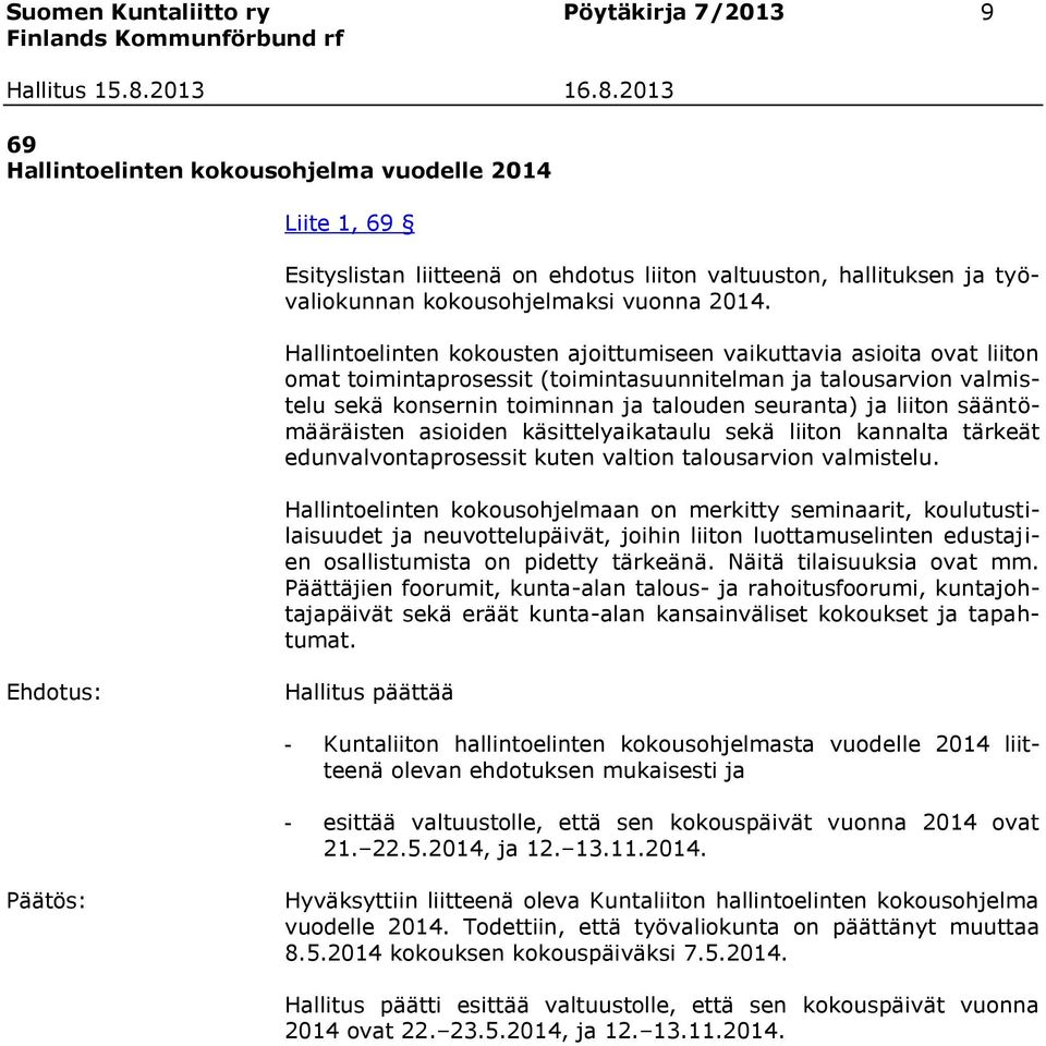 Hallintoelinten kokousten ajoittumiseen vaikuttavia asioita ovat liiton omat toimintaprosessit (toimintasuunnitelman ja talousarvion valmistelu sekä konsernin toiminnan ja talouden seuranta) ja