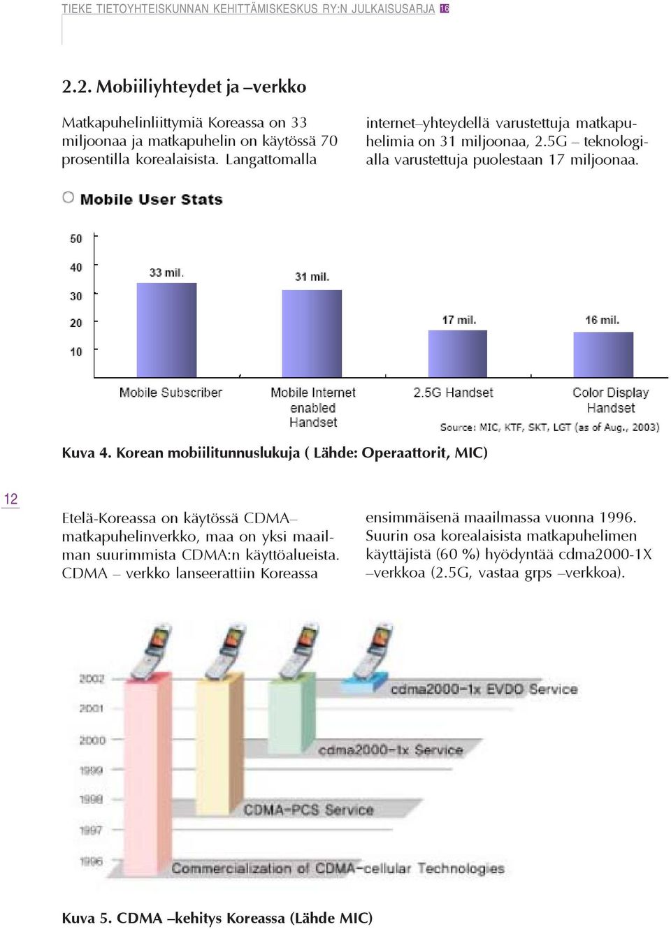 Korean mobiilitunnuslukuja ( Lähde: Operaattorit, MIC) 12 Etelä-Koreassa on käytössä CDMA matkapuhelinverkko, maa on yksi maailman suurimmista CDMA:n käyttöalueista.