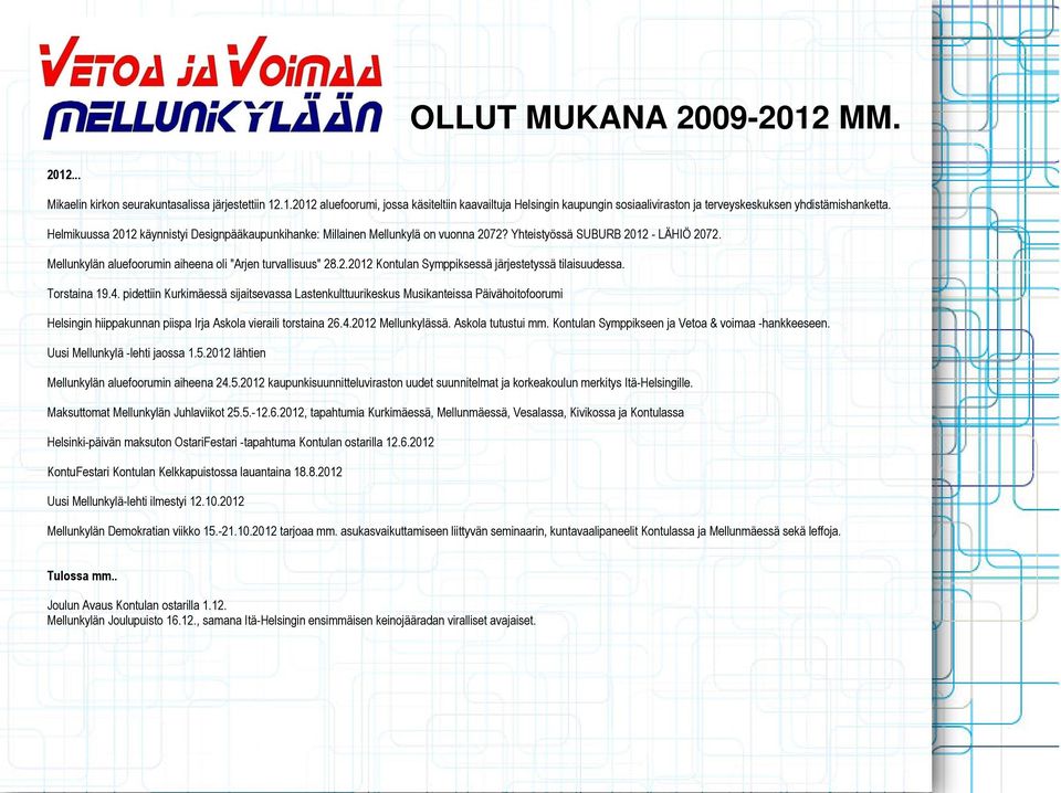 Torstaina 19.4. pidettiin Kurkimäessä sijaitsevassa Lastenkulttuurikeskus Musikanteissa Päivähoitofoorumi Helsingin hiippakunnan piispa Irja Askola vieraili torstaina 26.4.2012 Mellunkylässä.