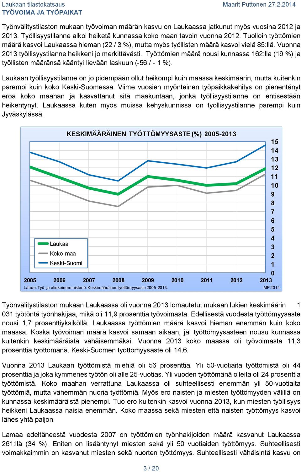 Työttömien määrä nousi kunnassa 162:lla (19 %) ja työllisten määränsä kääntyi lievään laskuun (-56 / - 1 %).