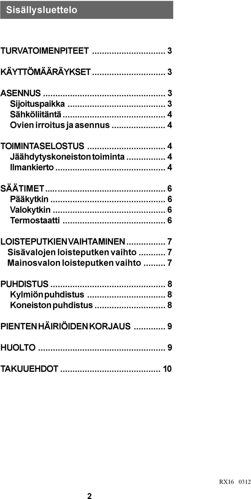 .. 6 Valokytkin... 6 Termostaatti... 6 LOISTEPUTKIEN VAIHTAMINEN... 7 Sisävalojen loisteputken vaihto.