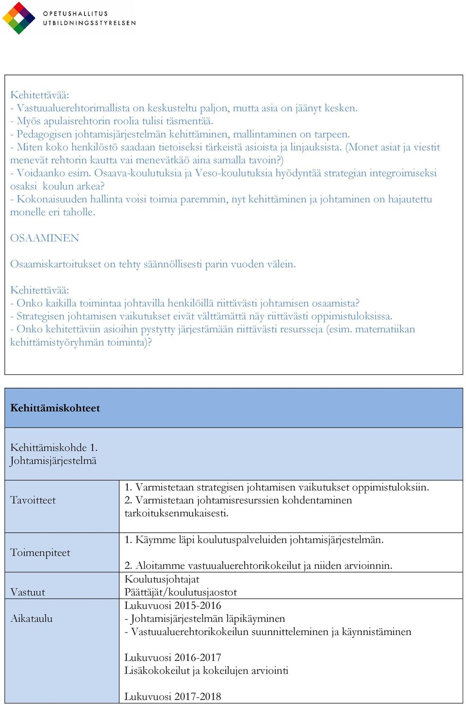 (Monet asiat ja viestit menevät rehtorin kautta vai menevätkäö aina samalla tavoin?) - Voidaanko esim. Osaava-koulutuksia ja Veso-koulutuksia hyödyntää strategian integroimiseksi osaksi koulun arkea?