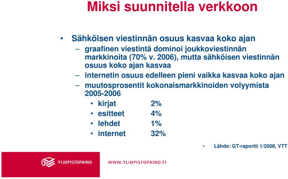 2006), mutta sähköisen viestinnän osuus koko ajan kasvaa internetin osuus edelleen pieni vaikka