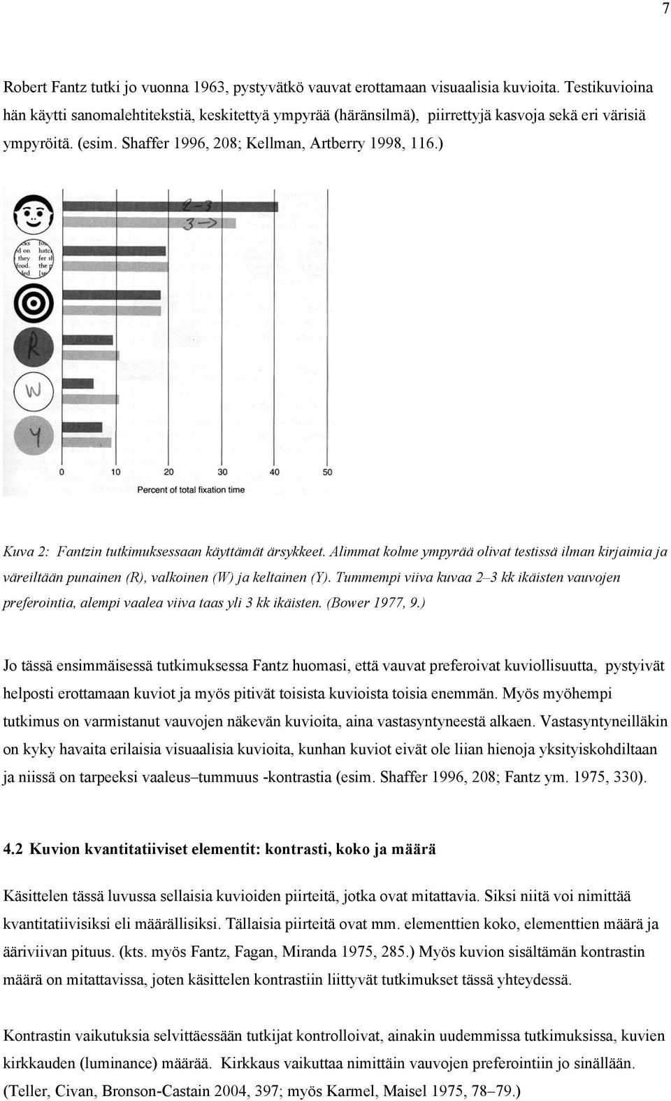 ) Kuva 2: Fantzin tutkimuksessaan käyttämät ärsykkeet. Alimmat kolme ympyrää olivat testissä ilman kirjaimia ja väreiltään punainen (R), valkoinen (W) ja keltainen (Y).